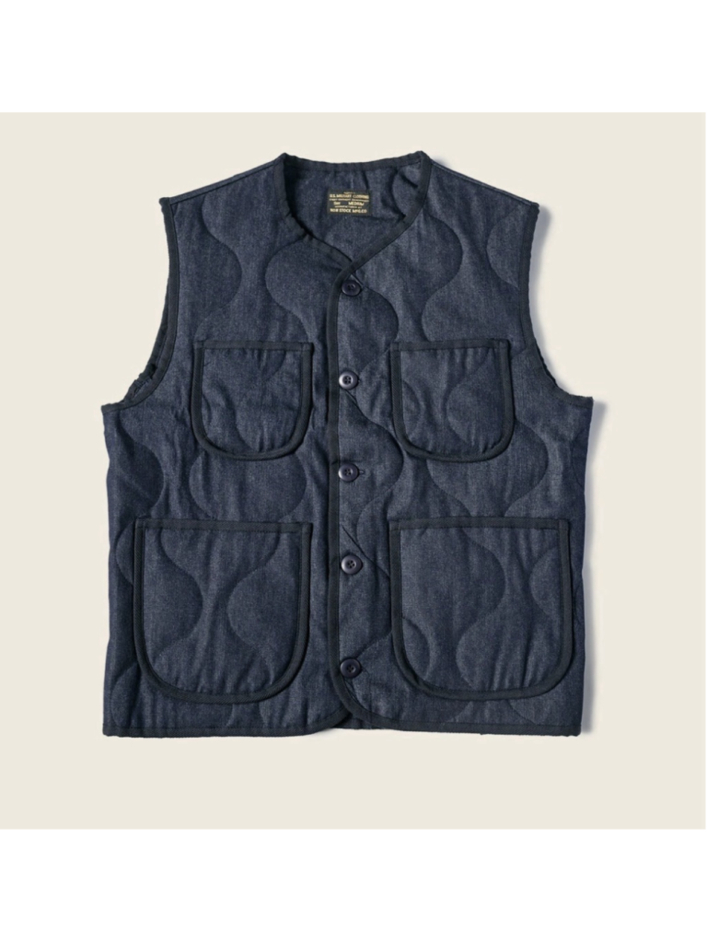 Military Style Quilted Padded Denim Vest - Navy L